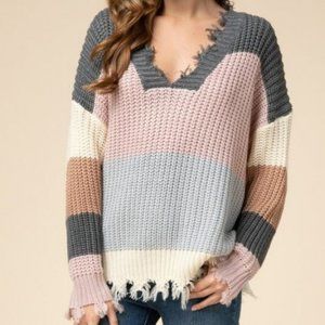 Entro Distressed Colorblock Sweater in Pastel Pink - Size L